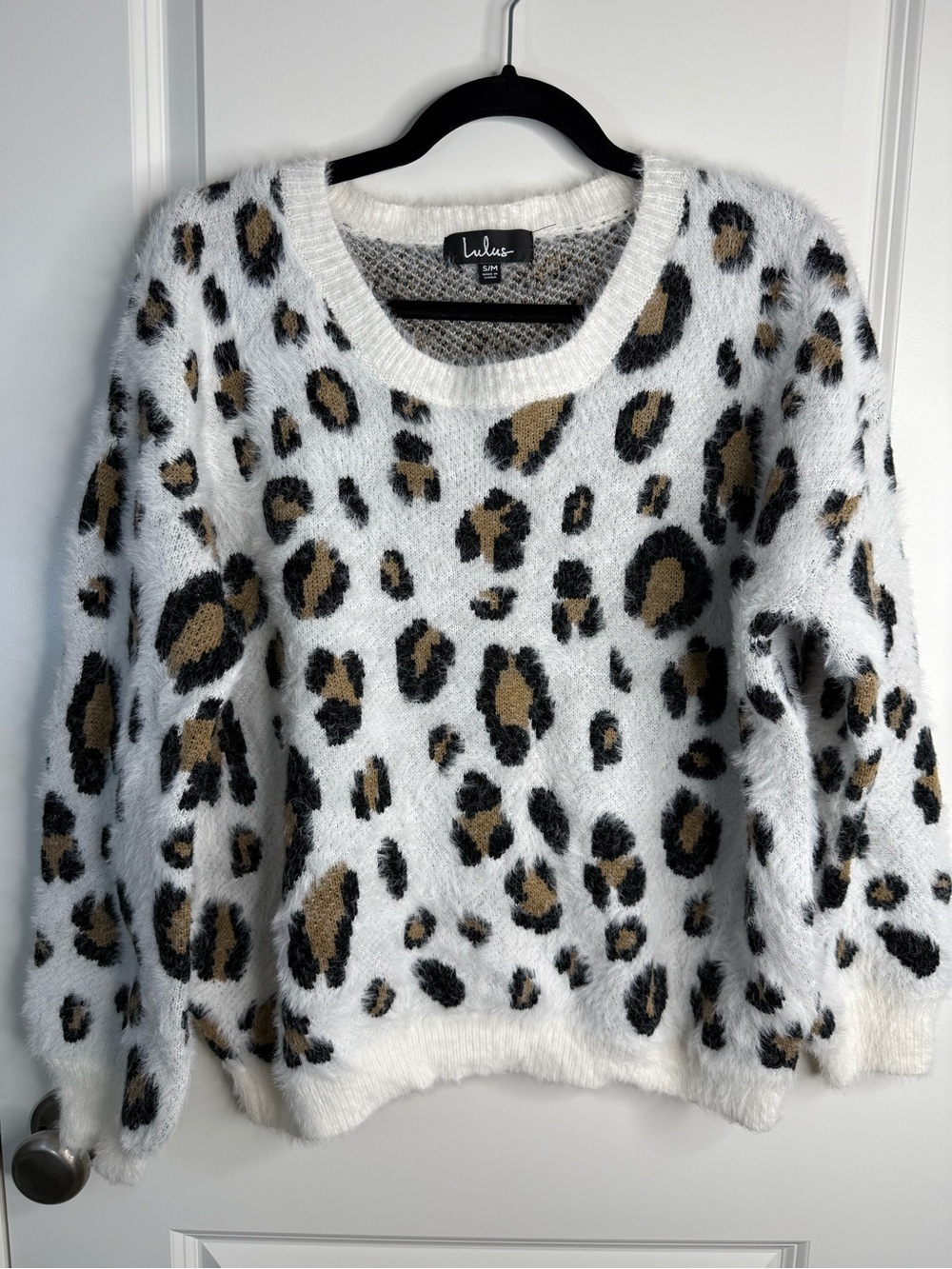 Lulus Fuzzy Leopard Print Sweater S/M White Tan Black Cozy Knit